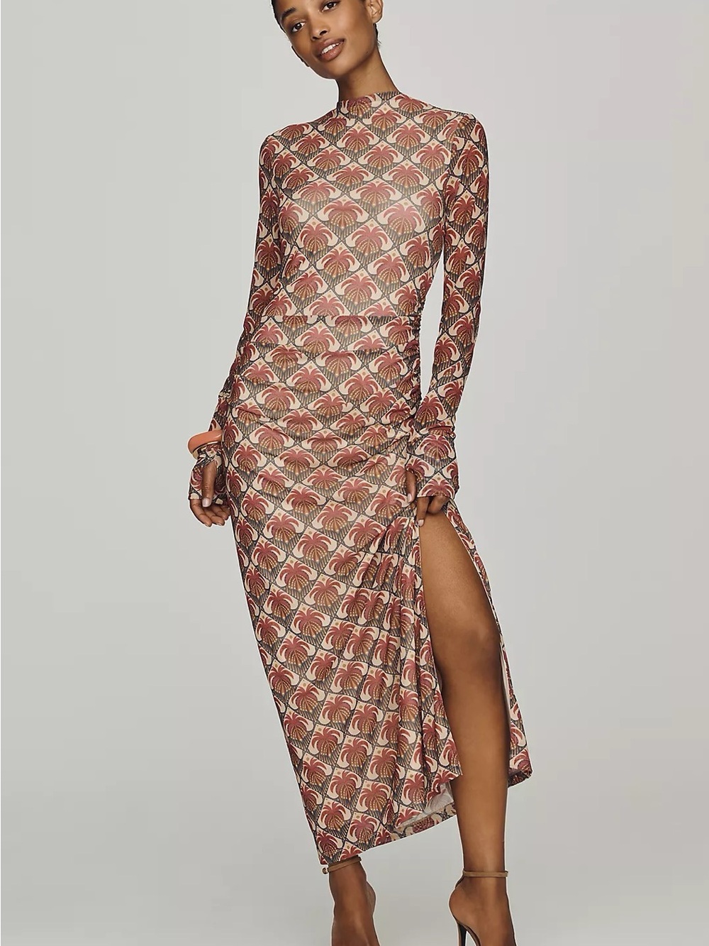 Long Sleeve Rust/Tan/Maroon Patterned Farm Rio Mesh/Rouched Maxi Dress - Picture 5 of 6